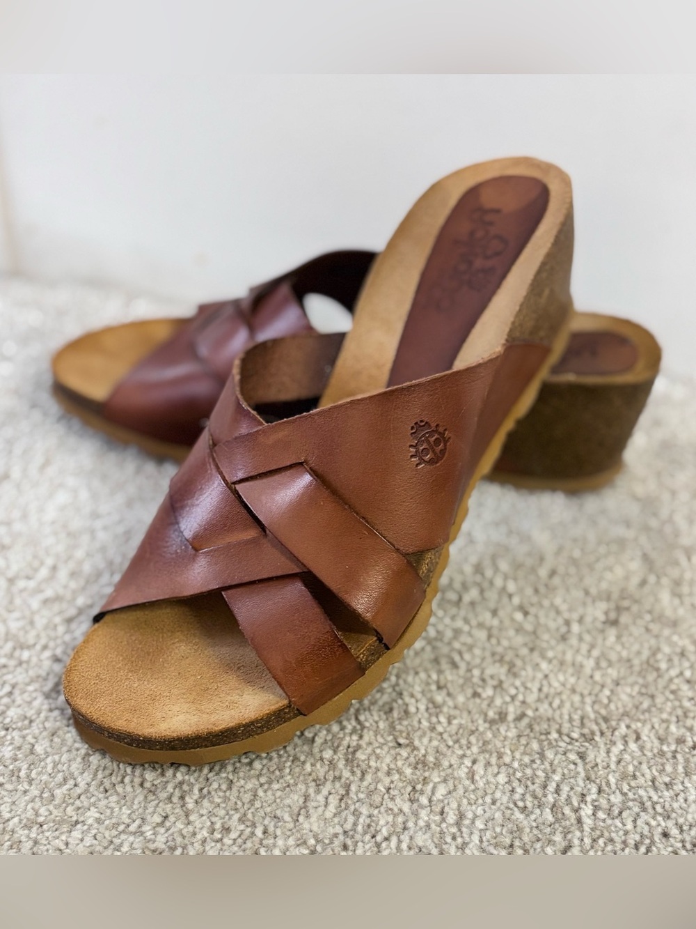 Yokono Brown Leather Cork Heel Wedge Criss Cross Sandals 9.5